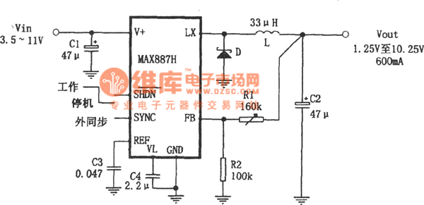 MAX887H構成的低噪聲、高效率PWM降壓變換電源
