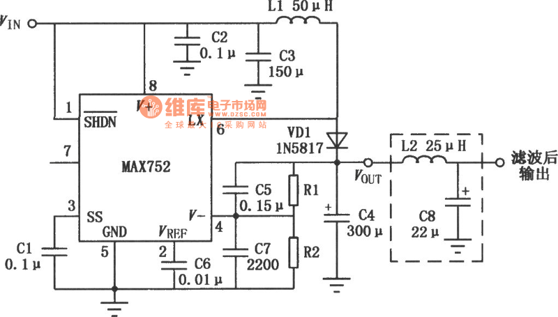 MAX752升壓開(kāi)關(guān)型DC-DC變換器的典型應(yīng)用電路