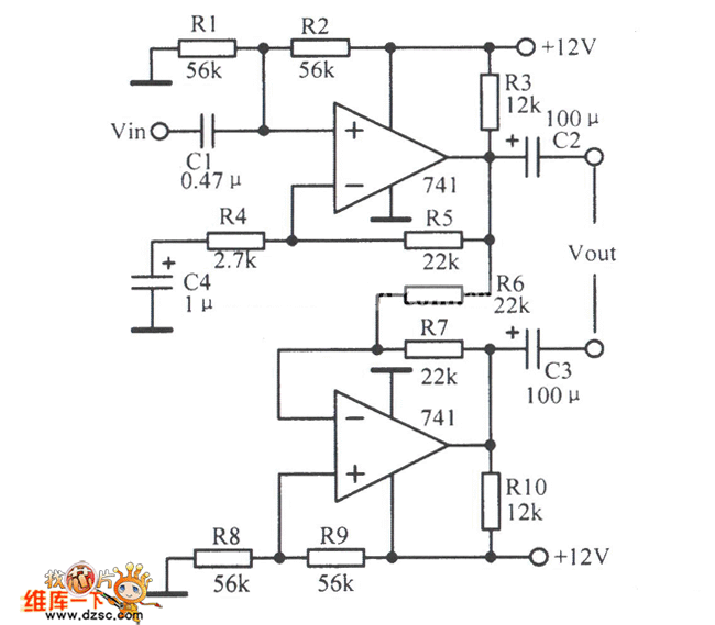 一款采用雙運(yùn)放組成的平衡輸出電路圖