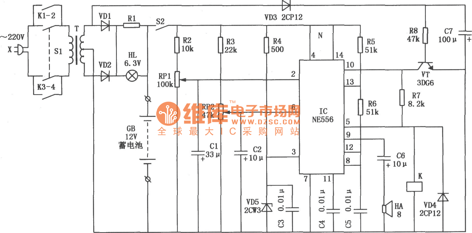 NE556構(gòu)成的發(fā)電機啟動蓄電池的全自動監(jiān)控電路圖