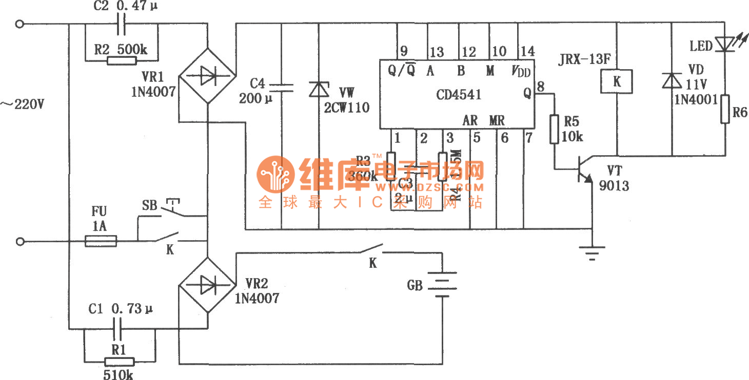 CD4541構成的0.1C5A標準鎘鎳電池充電電路圖