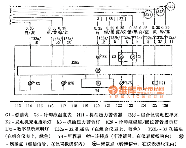 帕薩特組合儀表、機油壓力警告器、里程表、冷卻液溫度表、燃油表電路圖