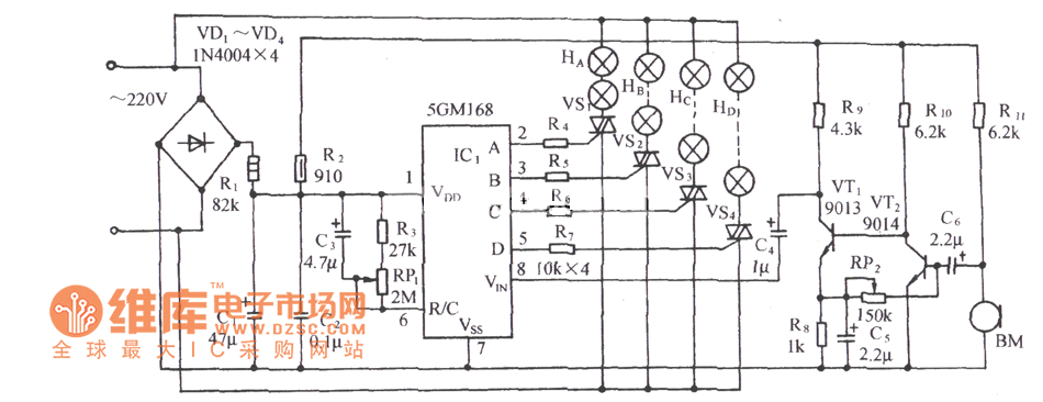 5GMl68音頻壓控節(jié)日彩燈控制電路圖