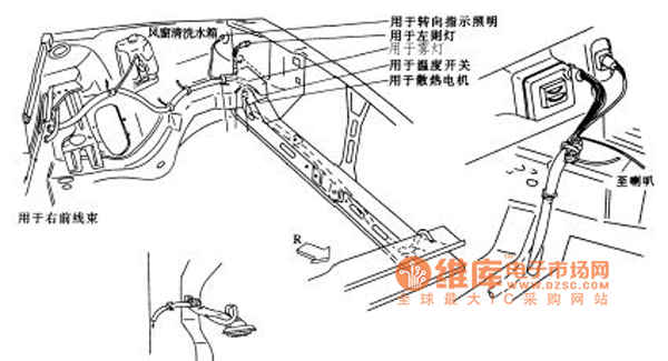 桑塔納2000轎車的發(fā)動(dòng)機(jī)室左側(cè)線束布置電路圖