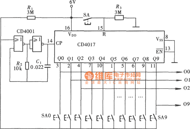 由CD4017、CD4001組成的十擋互鎖開關(guān)控制器電路圖