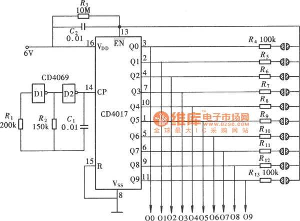 雙五擋電子開關(guān)控制器(CD4015、NE555)電路圖