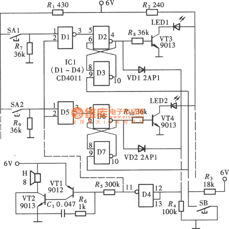 由與非門組成的搶答器(CD4011)電路圖