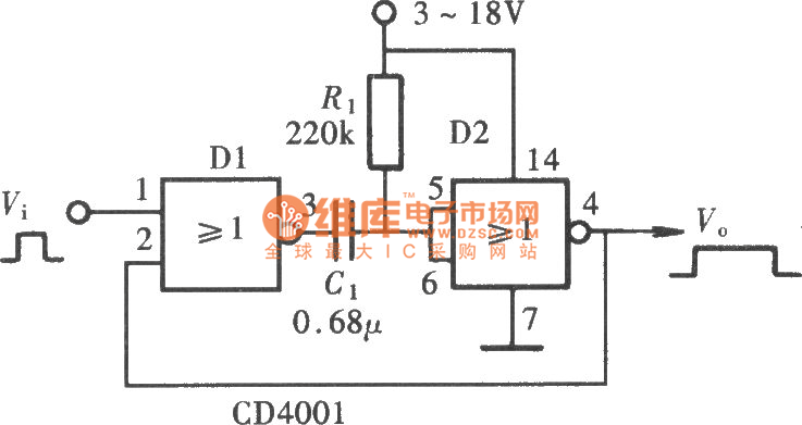 用門電路組成的單穩(wěn)態(tài)觸發(fā)器電路圖