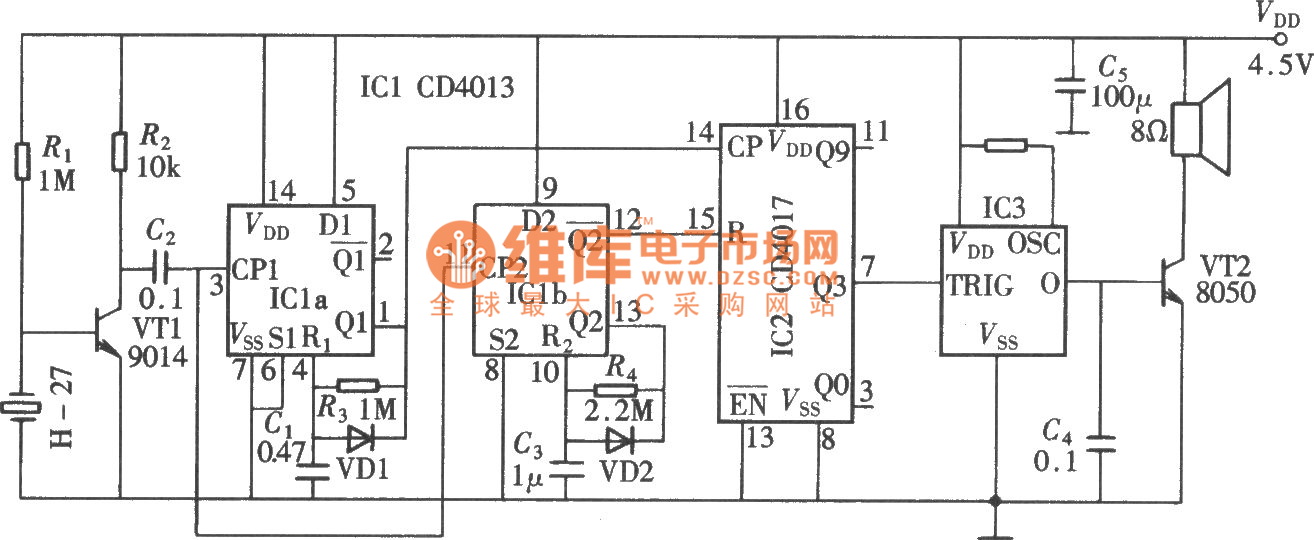 敲擊式門鈴電路(CD4013、CD4017)電路圖