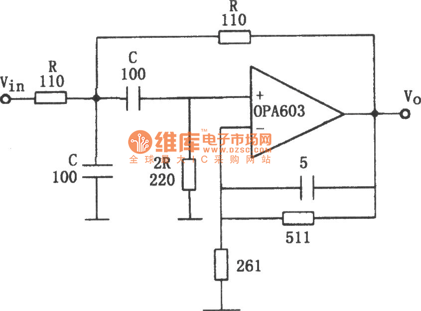 OPA603構(gòu)成的10MHz帶通濾波器電路圖