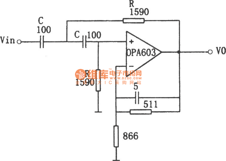 OPA603構(gòu)成的1MHz高通濾波器電路圖
