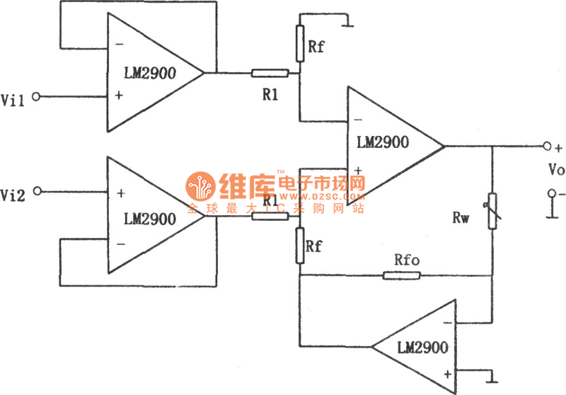 LM2900構(gòu)成的增益可線(xiàn)性調(diào)節(jié)的減法電路圖