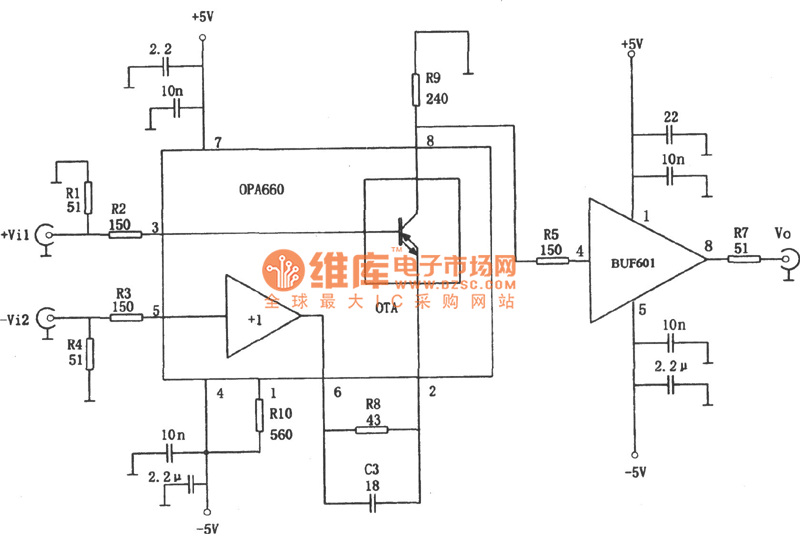 400MHz差動放大器(OPA660、BUF601)電路圖