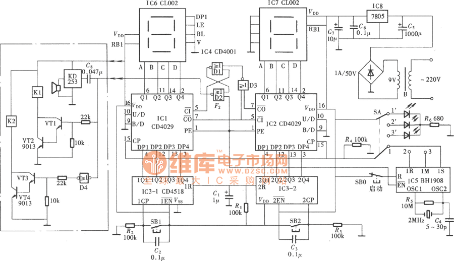 可預(yù)置定時(shí)的倒計(jì)時(shí)定時(shí)器電路