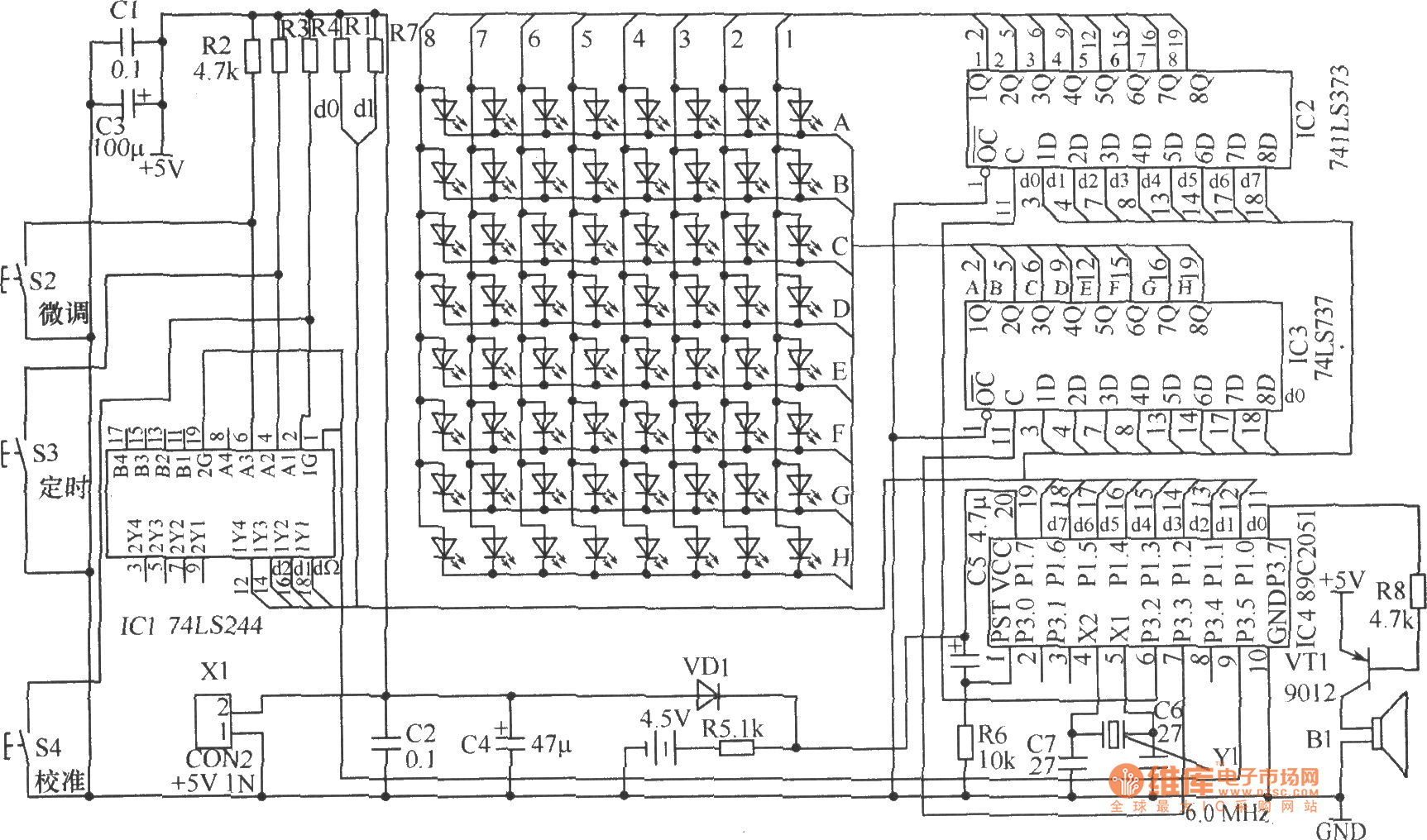LED流動(dòng)顯示電子鐘硬件電路圖