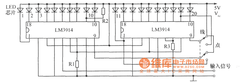 20條發(fā)光線段的光柱顯示器件驅(qū)動(dòng)電路圖