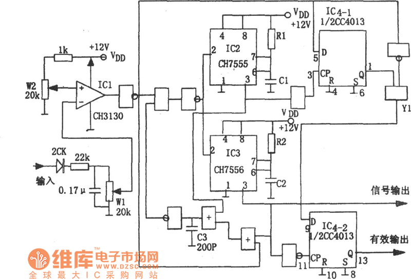 信號幅度在給定時限內的檢測電路(CH7555、CC4013)電路圖