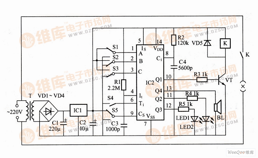 利用XM109構成的小家電定時控制器電路圖