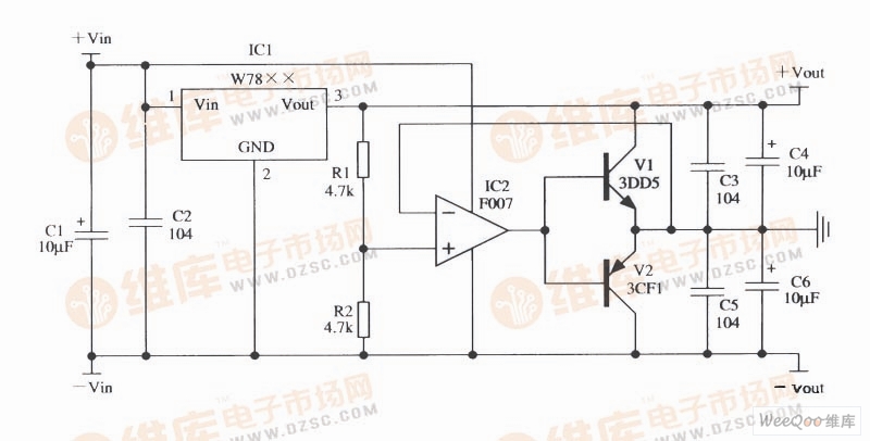 由W78××構(gòu)成的正、負(fù)雙電源輸出的應(yīng)用電路圖