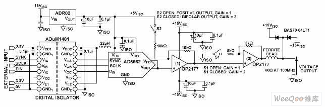 AD5562組成的隔離工業(yè)控制電壓輸出電路圖