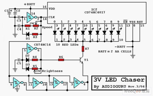 頻率及亮度可調(diào)LED閃光電路